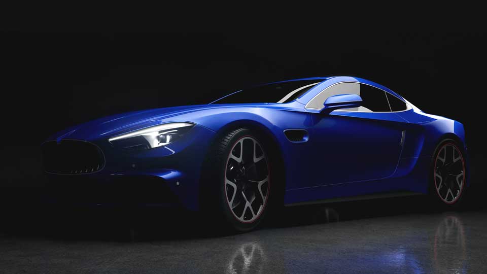 Blue sports car with paint protection film in a dark studio